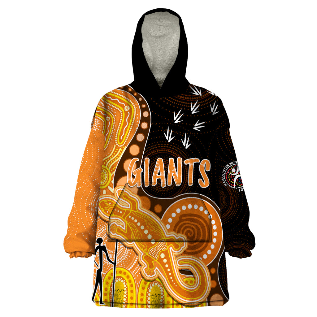 personalised-naidoc-week-2023-afl-giants-wearable-blanket-hoodie-aboriginal-dot-art-lizard-mix-boomerang