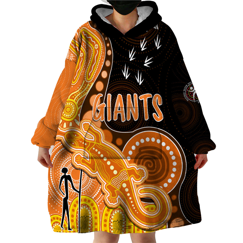 personalised-naidoc-week-2023-afl-giants-wearable-blanket-hoodie-aboriginal-dot-art-lizard-mix-boomerang
