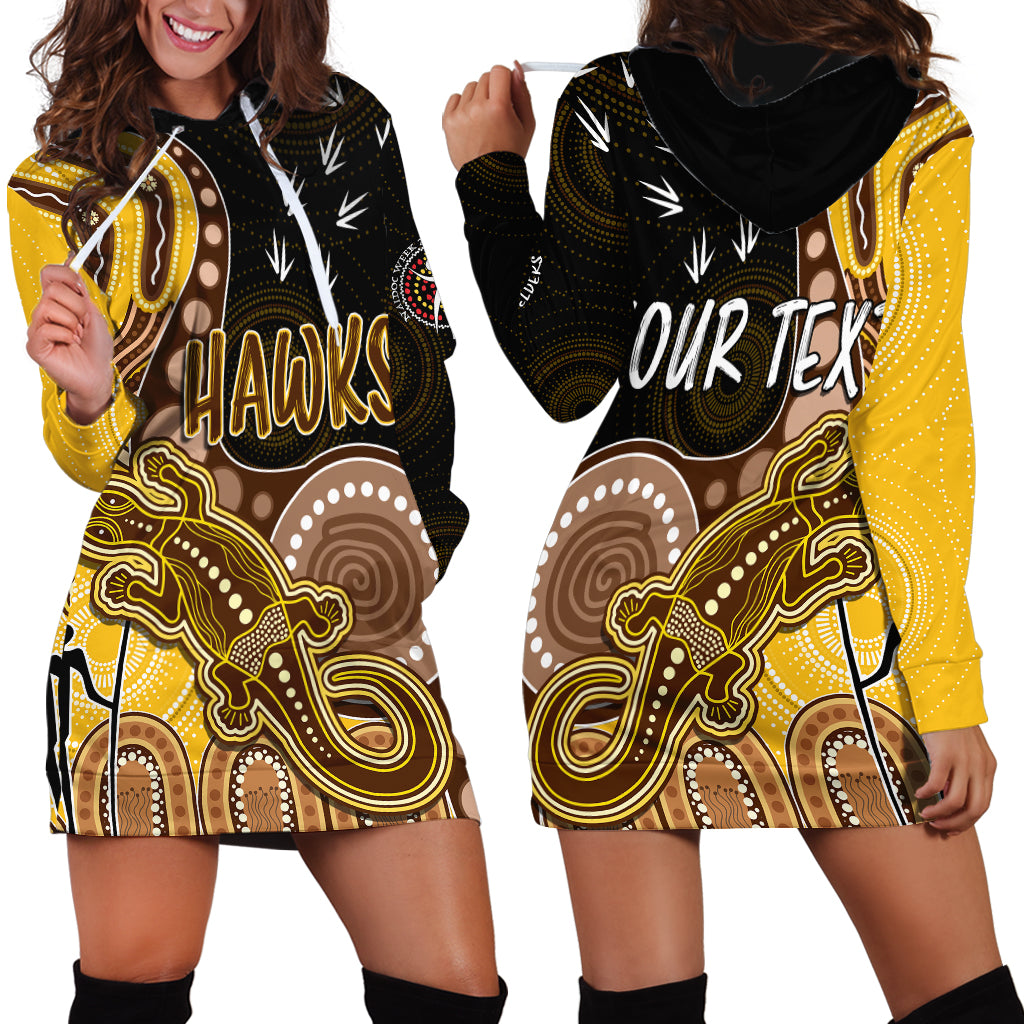 personalised-naidoc-week-2023-afl-hawks-hoodie-dress-aboriginal-dot-art-lizard-mix-boomerang