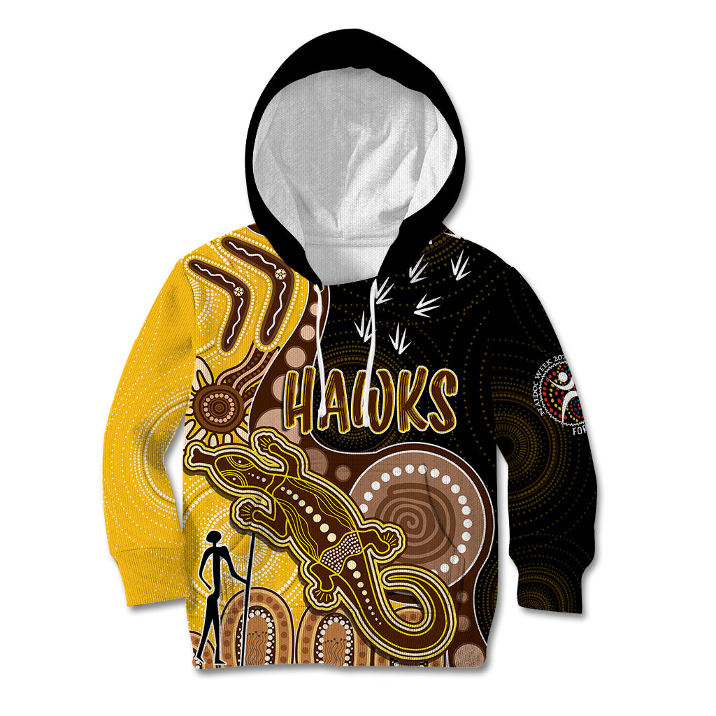 personalised-naidoc-week-2023-afl-hawks-kid-hoodie-aboriginal-dot-art-lizard-mix-boomerang