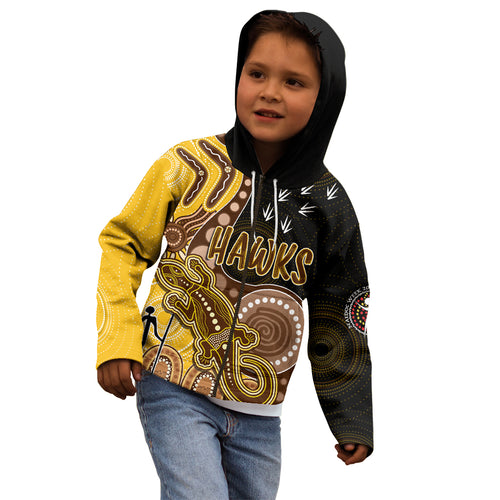 personalised-naidoc-week-2023-afl-hawks-kid-hoodie-aboriginal-dot-art-lizard-mix-boomerang
