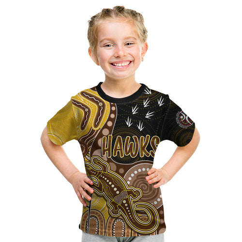 personalised-naidoc-week-2023-afl-hawks-kid-t-shirt-aboriginal-dot-art-lizard-mix-boomerang