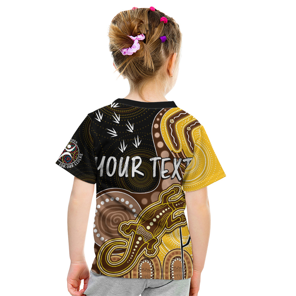 personalised-naidoc-week-2023-afl-hawks-kid-t-shirt-aboriginal-dot-art-lizard-mix-boomerang