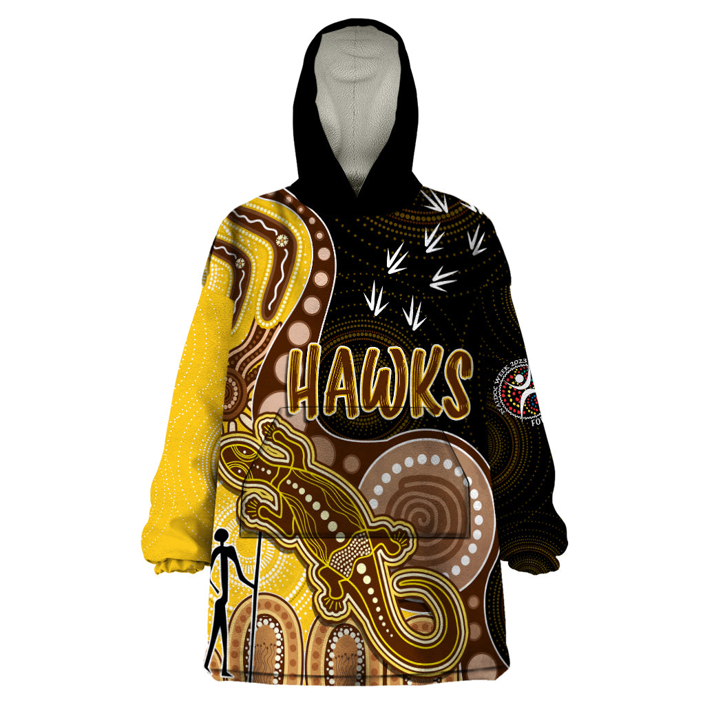 personalised-naidoc-week-2023-afl-hawks-wearable-blanket-hoodie-aboriginal-dot-art-lizard-mix-boomerang