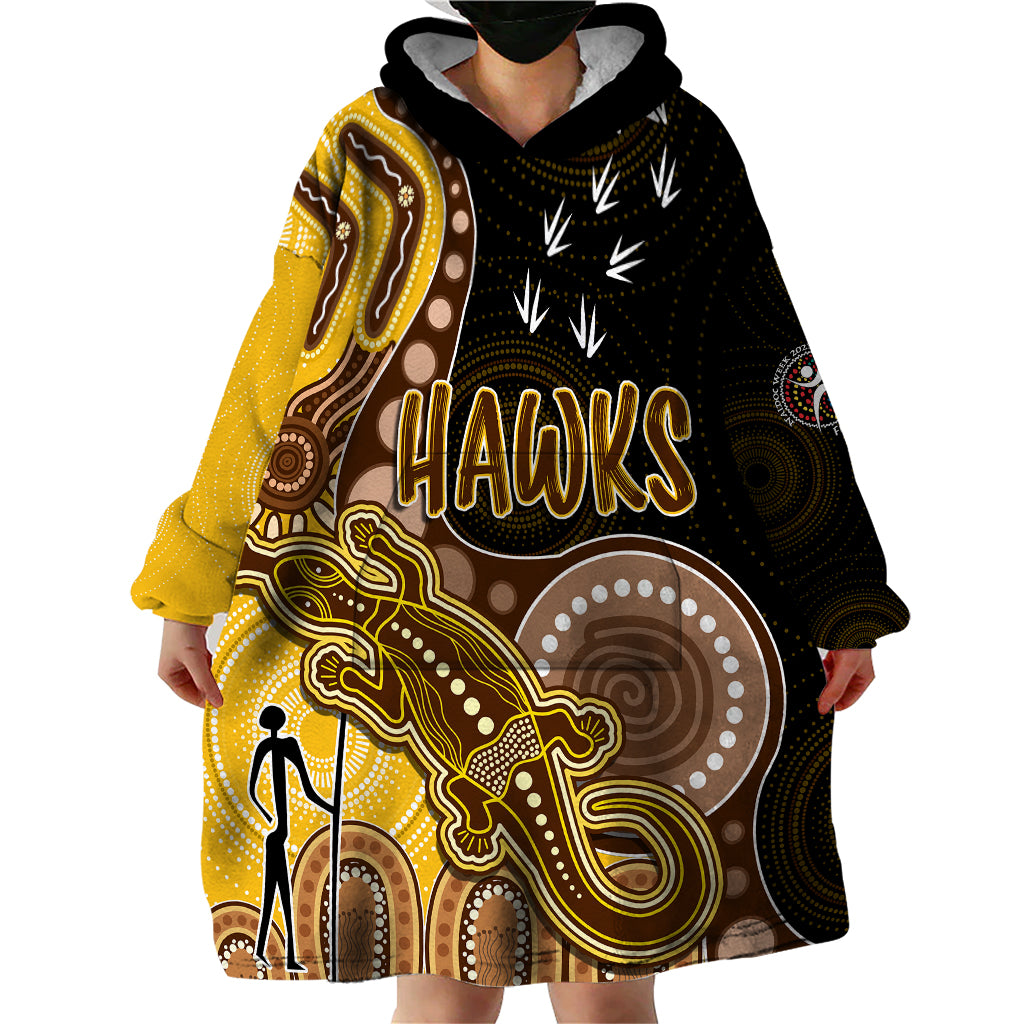 personalised-naidoc-week-2023-afl-hawks-wearable-blanket-hoodie-aboriginal-dot-art-lizard-mix-boomerang