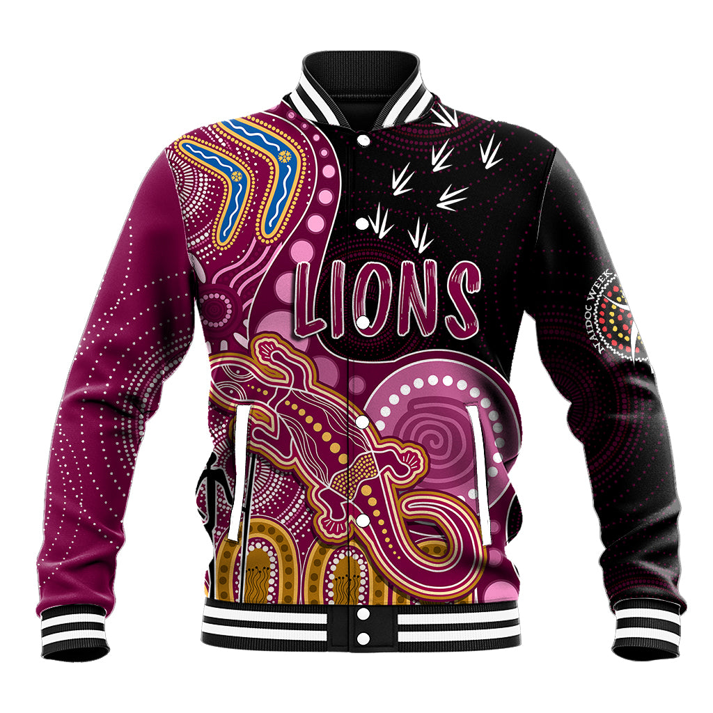 personalised-naidoc-week-2023-afl-lions-baseball-jacket-aboriginal-dot-art-lizard-mix-boomerang