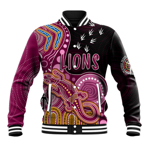 personalised-naidoc-week-2023-afl-lions-baseball-jacket-aboriginal-dot-art-lizard-mix-boomerang