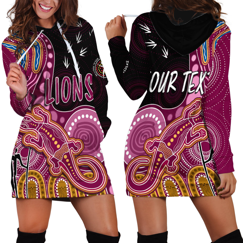 personalised-naidoc-week-2023-afl-lions-hoodie-dress-aboriginal-dot-art-lizard-mix-boomerang