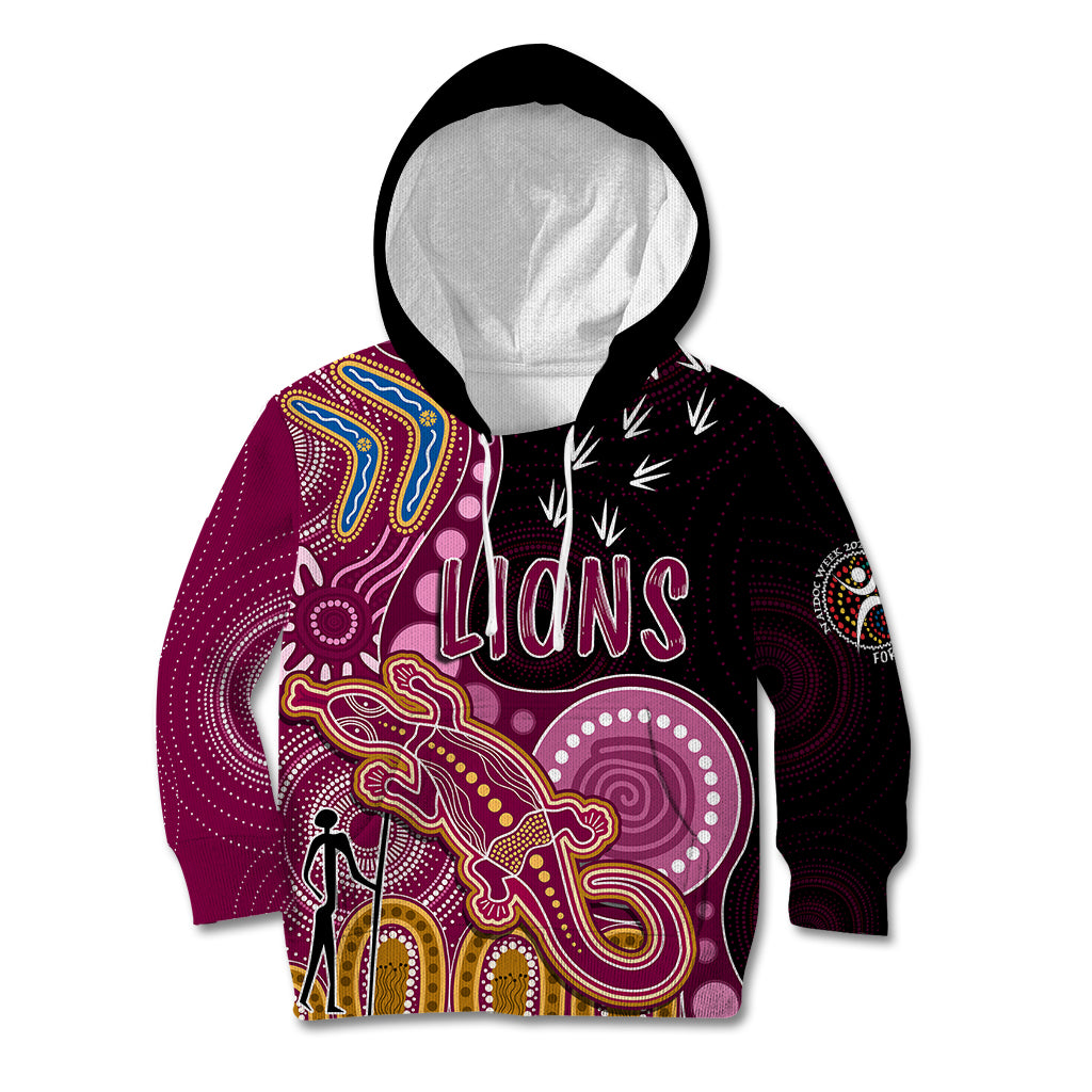 personalised-naidoc-week-2023-afl-lions-kid-hoodie-aboriginal-dot-art-lizard-mix-boomerang