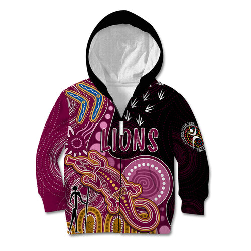 personalised-naidoc-week-2023-afl-lions-kid-hoodie-aboriginal-dot-art-lizard-mix-boomerang