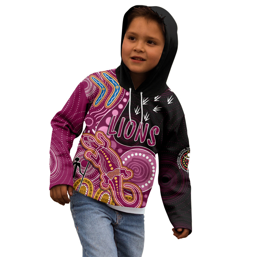 personalised-naidoc-week-2023-afl-lions-kid-hoodie-aboriginal-dot-art-lizard-mix-boomerang