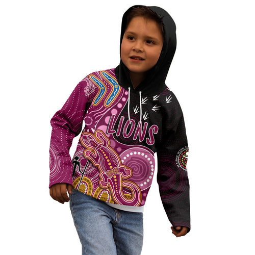 personalised-naidoc-week-2023-afl-lions-kid-hoodie-aboriginal-dot-art-lizard-mix-boomerang