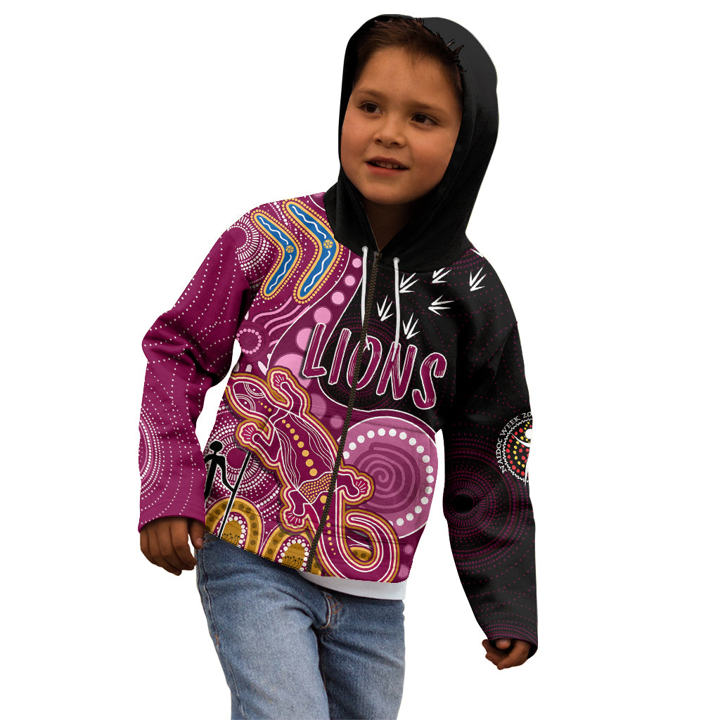 personalised-naidoc-week-2023-afl-lions-kid-hoodie-aboriginal-dot-art-lizard-mix-boomerang
