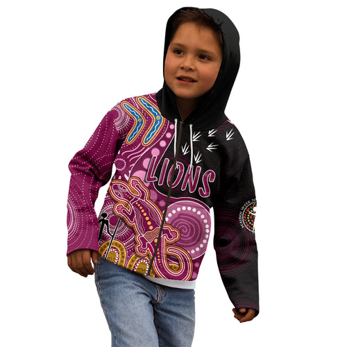 personalised-naidoc-week-2023-afl-lions-kid-hoodie-aboriginal-dot-art-lizard-mix-boomerang