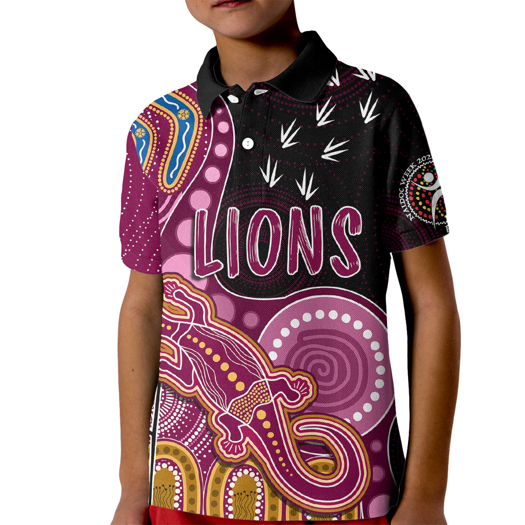 personalised-naidoc-week-2023-afl-lions-kid-polo-shirt-aboriginal-dot-art-lizard-mix-boomerang