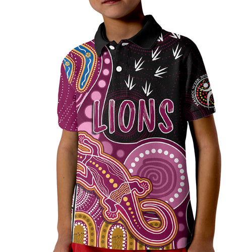personalised-naidoc-week-2023-afl-lions-kid-polo-shirt-aboriginal-dot-art-lizard-mix-boomerang