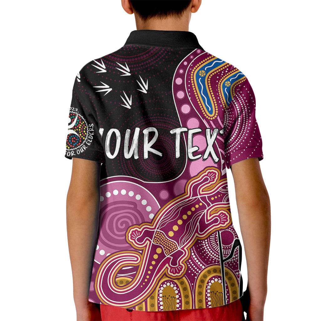 personalised-naidoc-week-2023-afl-lions-kid-polo-shirt-aboriginal-dot-art-lizard-mix-boomerang