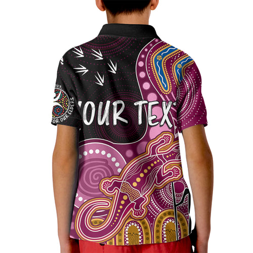 personalised-naidoc-week-2023-afl-lions-kid-polo-shirt-aboriginal-dot-art-lizard-mix-boomerang