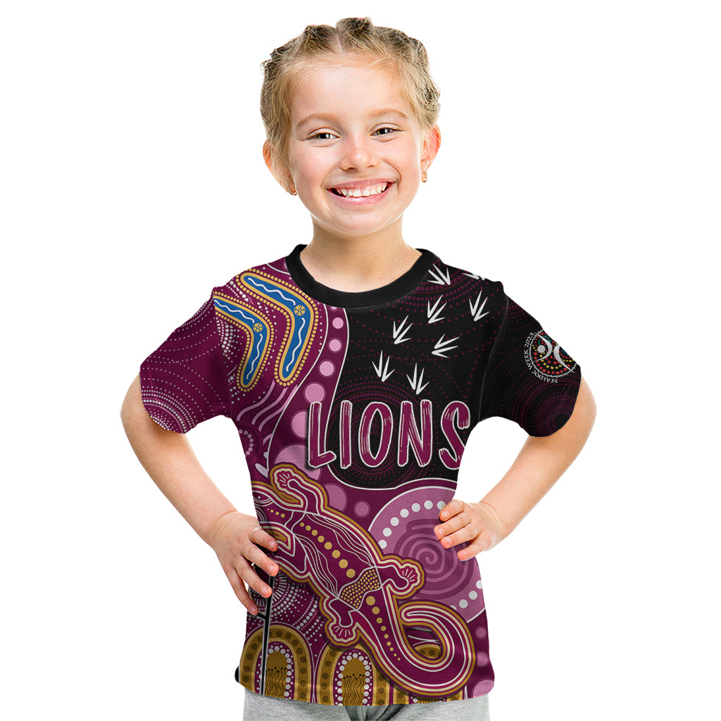 personalised-naidoc-week-2023-afl-lions-kid-t-shirt-aboriginal-dot-art-lizard-mix-boomerang
