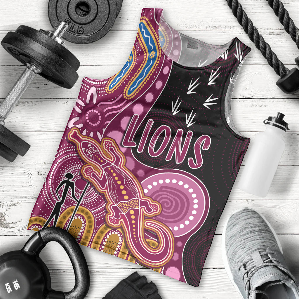 personalised-naidoc-week-2023-afl-lions-men-tank-top-aboriginal-dot-art-lizard-mix-boomerang