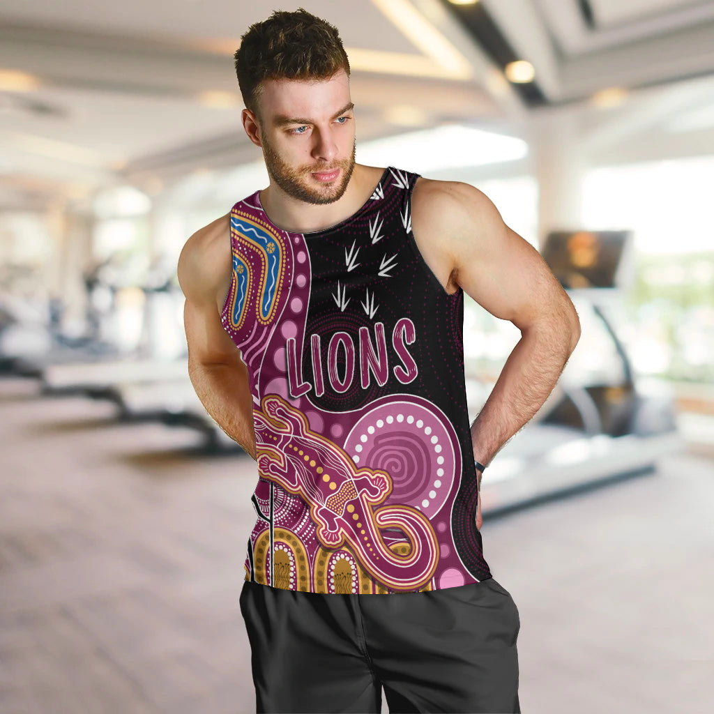 personalised-naidoc-week-2023-afl-lions-men-tank-top-aboriginal-dot-art-lizard-mix-boomerang