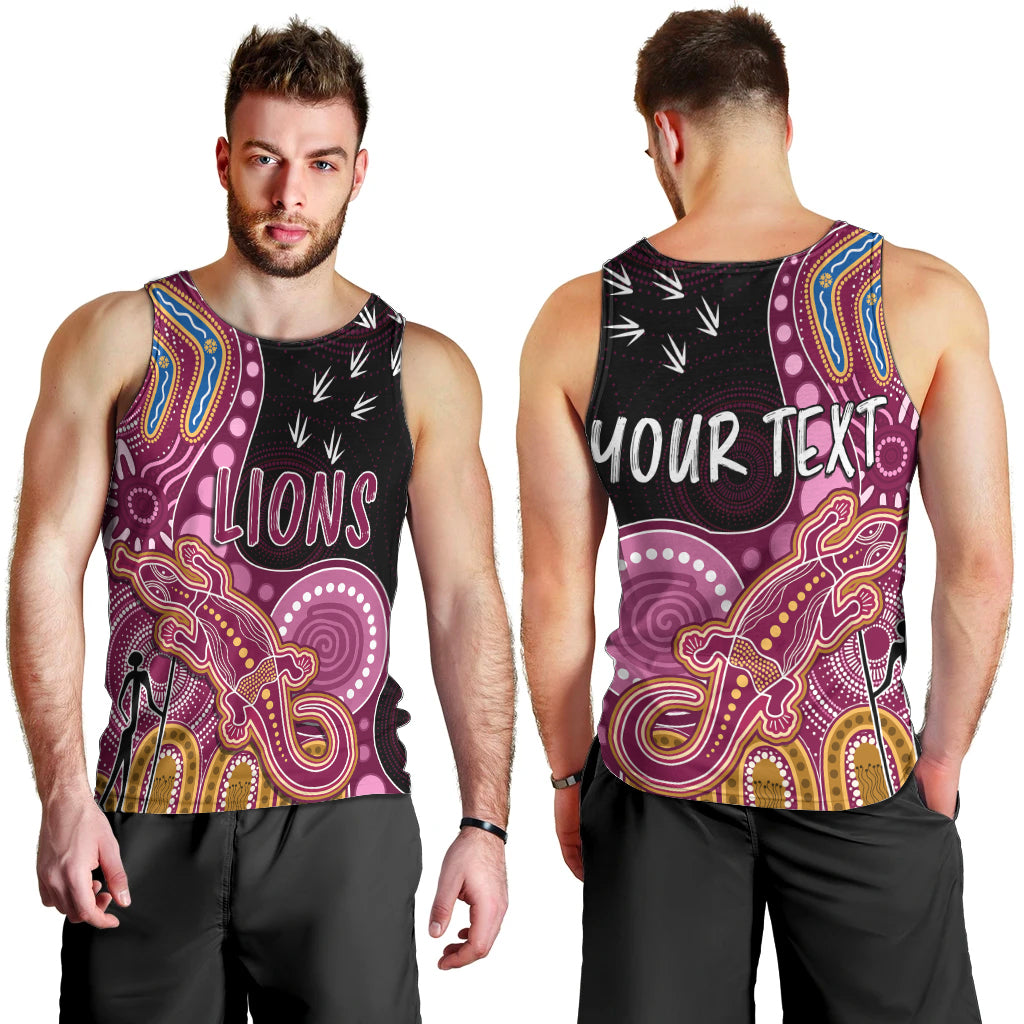 personalised-naidoc-week-2023-afl-lions-men-tank-top-aboriginal-dot-art-lizard-mix-boomerang