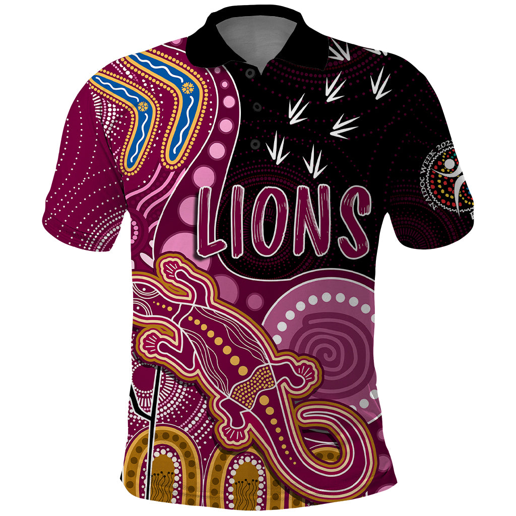 personalised-naidoc-week-2023-afl-lions-polo-shirt-aboriginal-dot-art-lizard-mix-boomerang