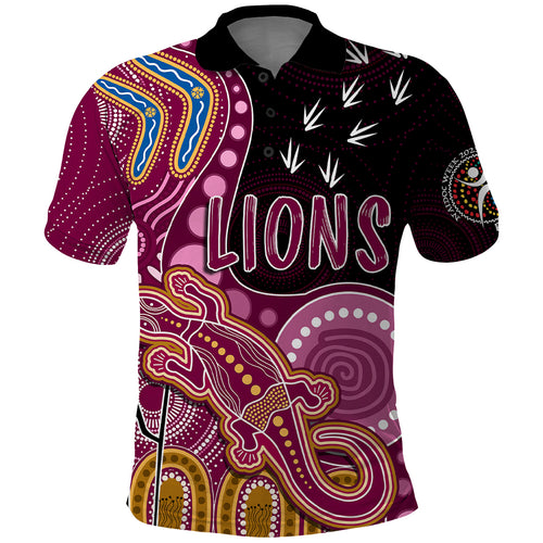 personalised-naidoc-week-2023-afl-lions-polo-shirt-aboriginal-dot-art-lizard-mix-boomerang