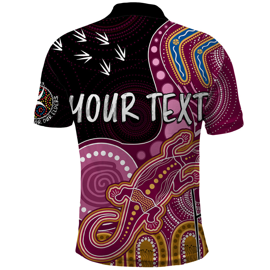 personalised-naidoc-week-2023-afl-lions-polo-shirt-aboriginal-dot-art-lizard-mix-boomerang