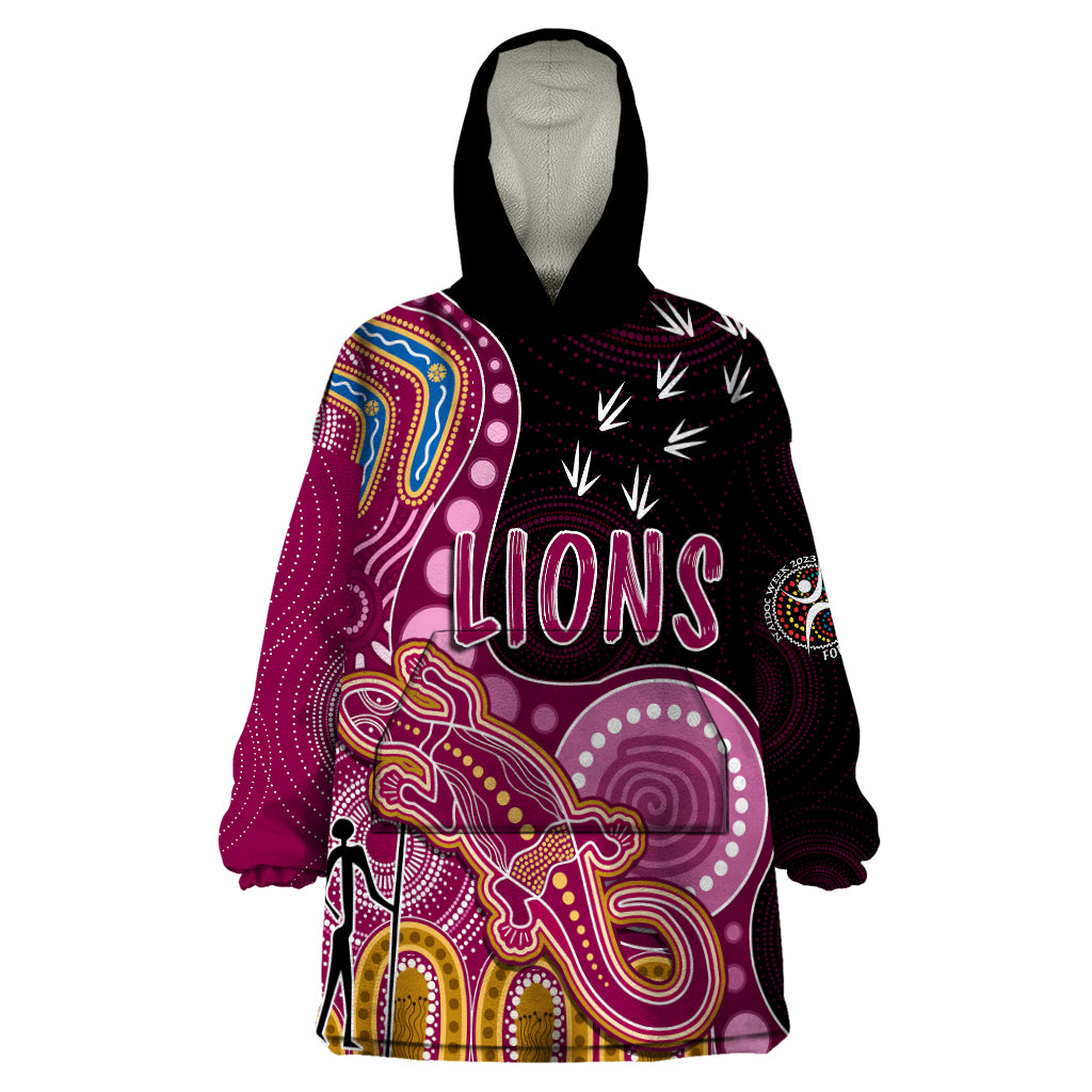 personalised-naidoc-week-2023-afl-lions-wearable-blanket-hoodie-aboriginal-dot-art-lizard-mix-boomerang