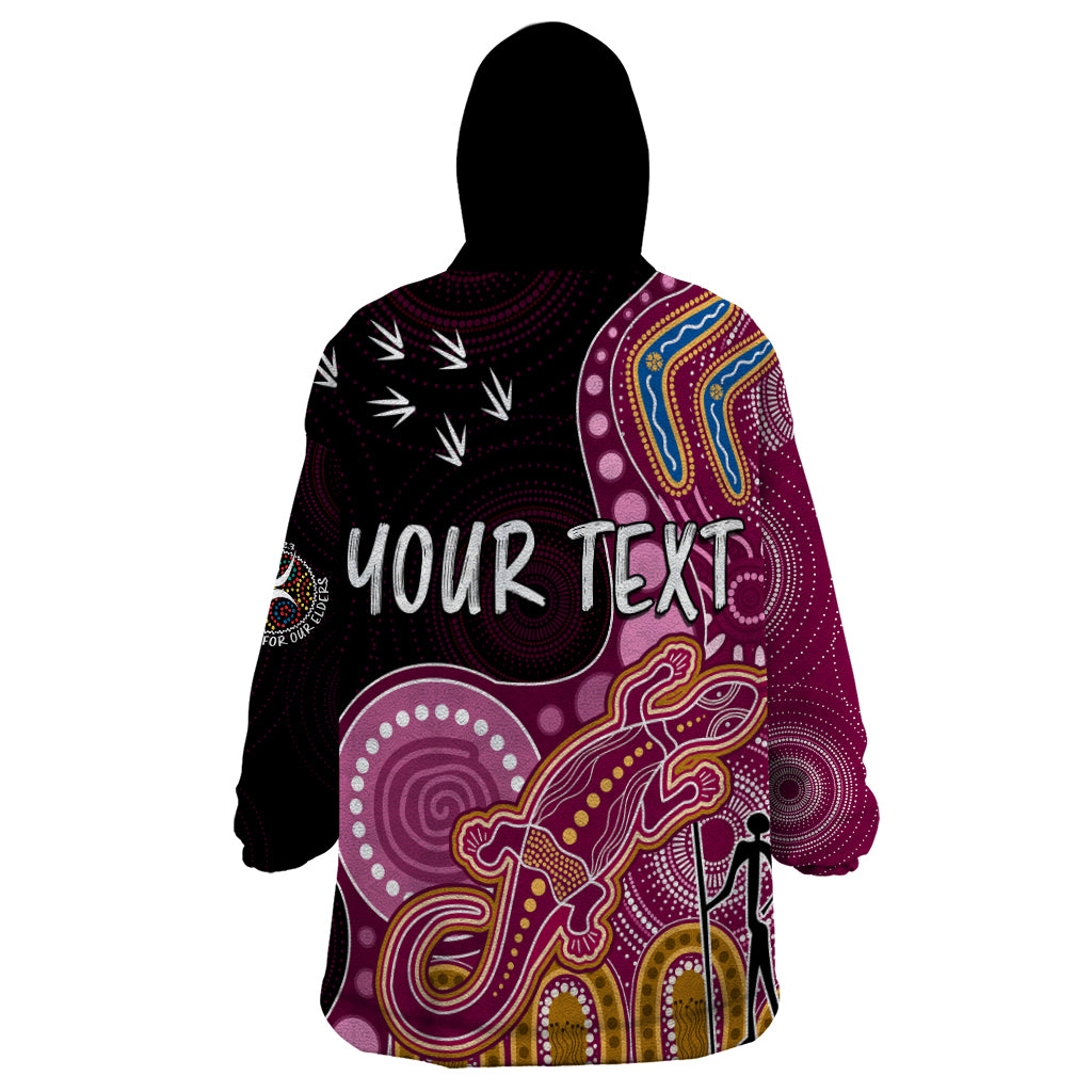 personalised-naidoc-week-2023-afl-lions-wearable-blanket-hoodie-aboriginal-dot-art-lizard-mix-boomerang