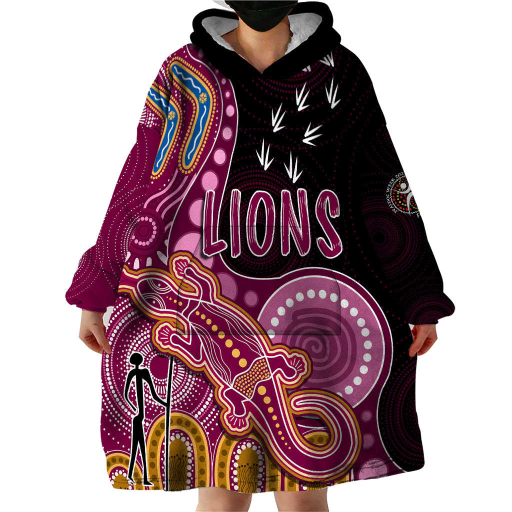 personalised-naidoc-week-2023-afl-lions-wearable-blanket-hoodie-aboriginal-dot-art-lizard-mix-boomerang