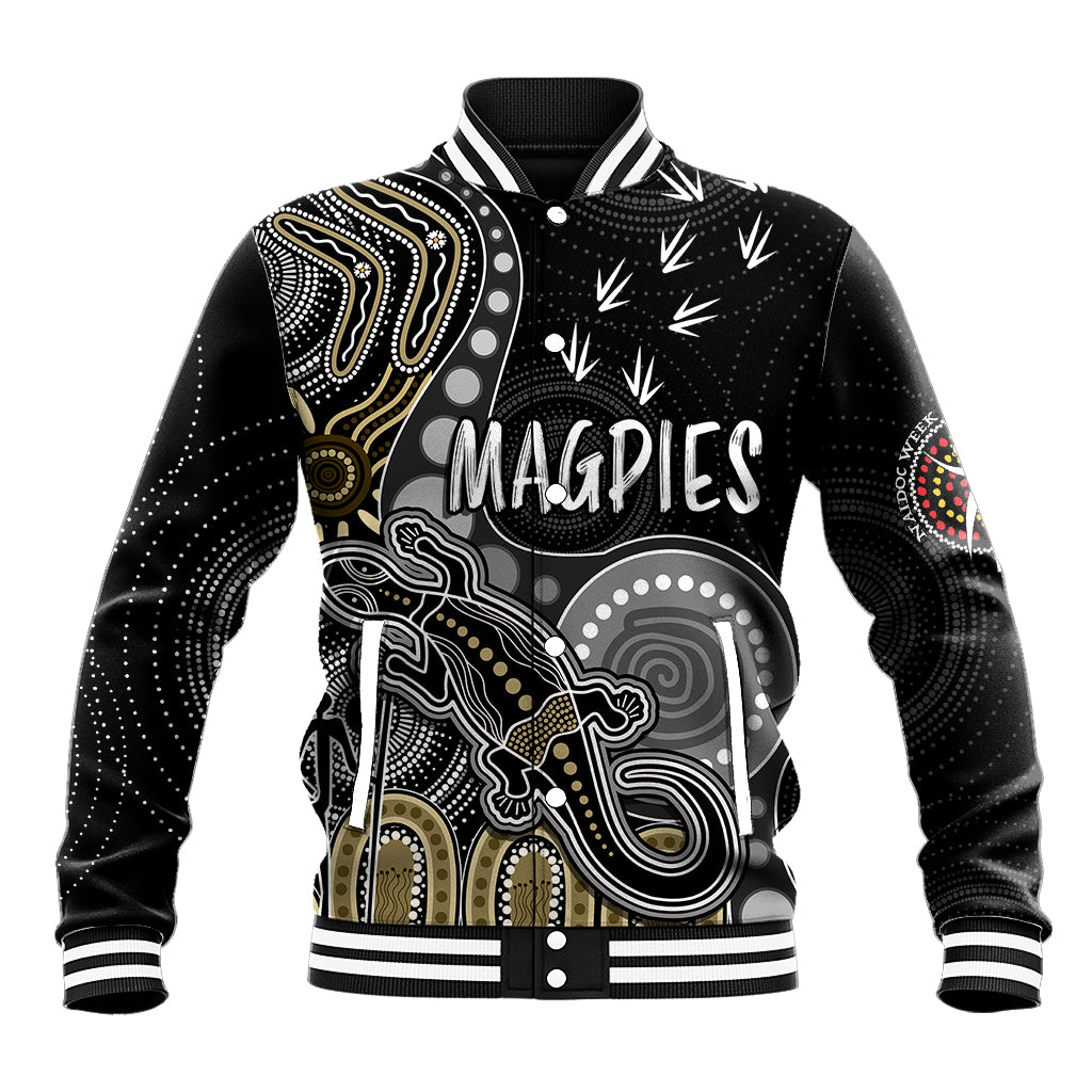 personalised-naidoc-week-2023-afl-magpies-baseball-jacket-aboriginal-dot-art-lizard-mix-boomerang