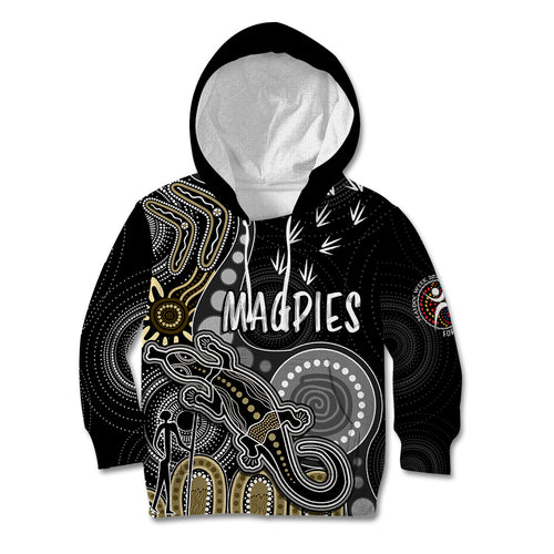 personalised-naidoc-week-2023-afl-magpies-kid-hoodie-aboriginal-dot-art-lizard-mix-boomerang