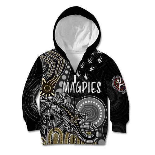 personalised-naidoc-week-2023-afl-magpies-kid-hoodie-aboriginal-dot-art-lizard-mix-boomerang