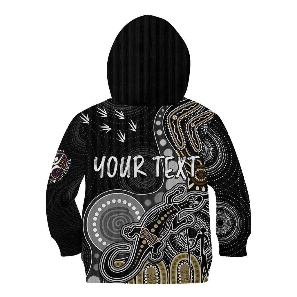 personalised-naidoc-week-2023-afl-magpies-kid-hoodie-aboriginal-dot-art-lizard-mix-boomerang