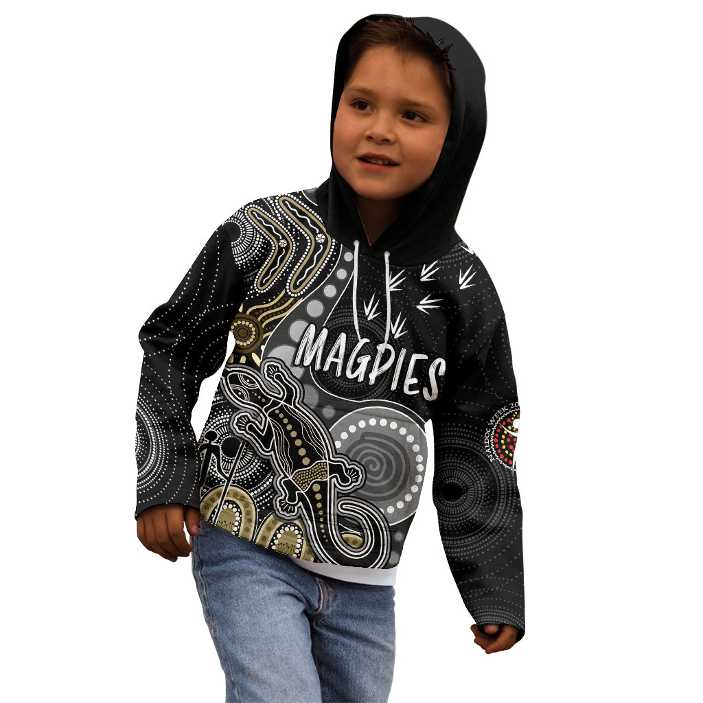 personalised-naidoc-week-2023-afl-magpies-kid-hoodie-aboriginal-dot-art-lizard-mix-boomerang