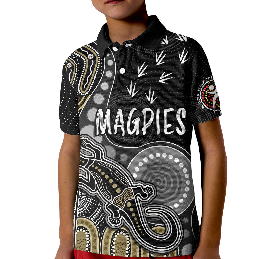 personalised-naidoc-week-2023-afl-magpies-kid-polo-shirt-aboriginal-dot-art-lizard-mix-boomerang