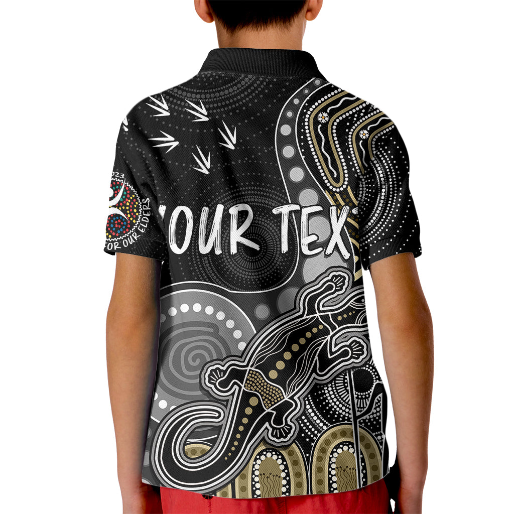 personalised-naidoc-week-2023-afl-magpies-kid-polo-shirt-aboriginal-dot-art-lizard-mix-boomerang