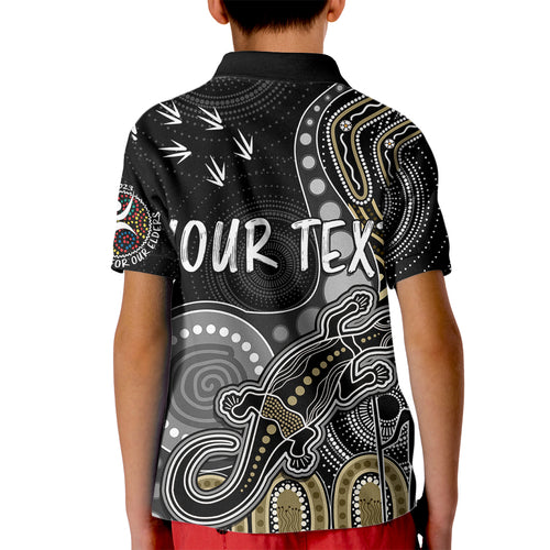 personalised-naidoc-week-2023-afl-magpies-kid-polo-shirt-aboriginal-dot-art-lizard-mix-boomerang