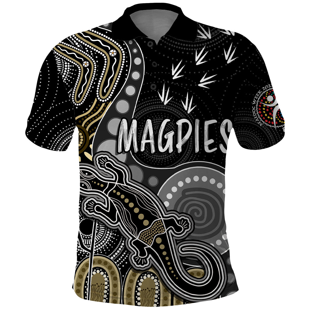 personalised-naidoc-week-2023-afl-magpies-polo-shirt-aboriginal-dot-art-lizard-mix-boomerang