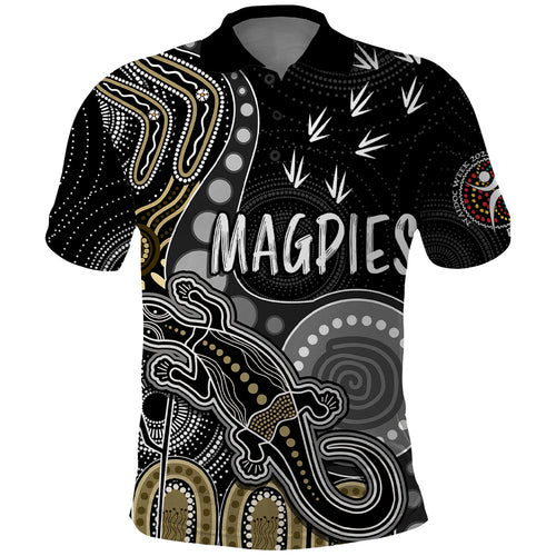 personalised-naidoc-week-2023-afl-magpies-polo-shirt-aboriginal-dot-art-lizard-mix-boomerang