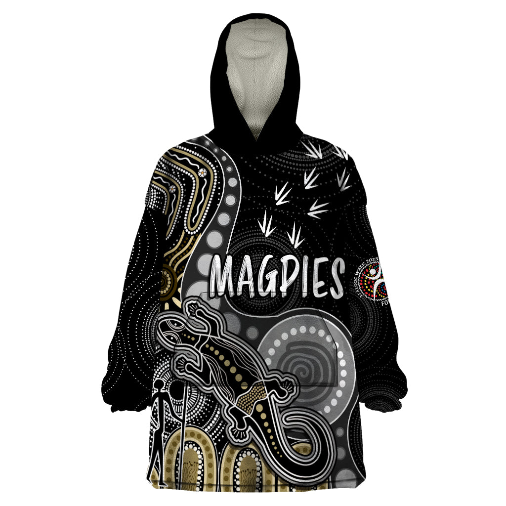 personalised-naidoc-week-2023-afl-magpies-wearable-blanket-hoodie-aboriginal-dot-art-lizard-mix-boomerang