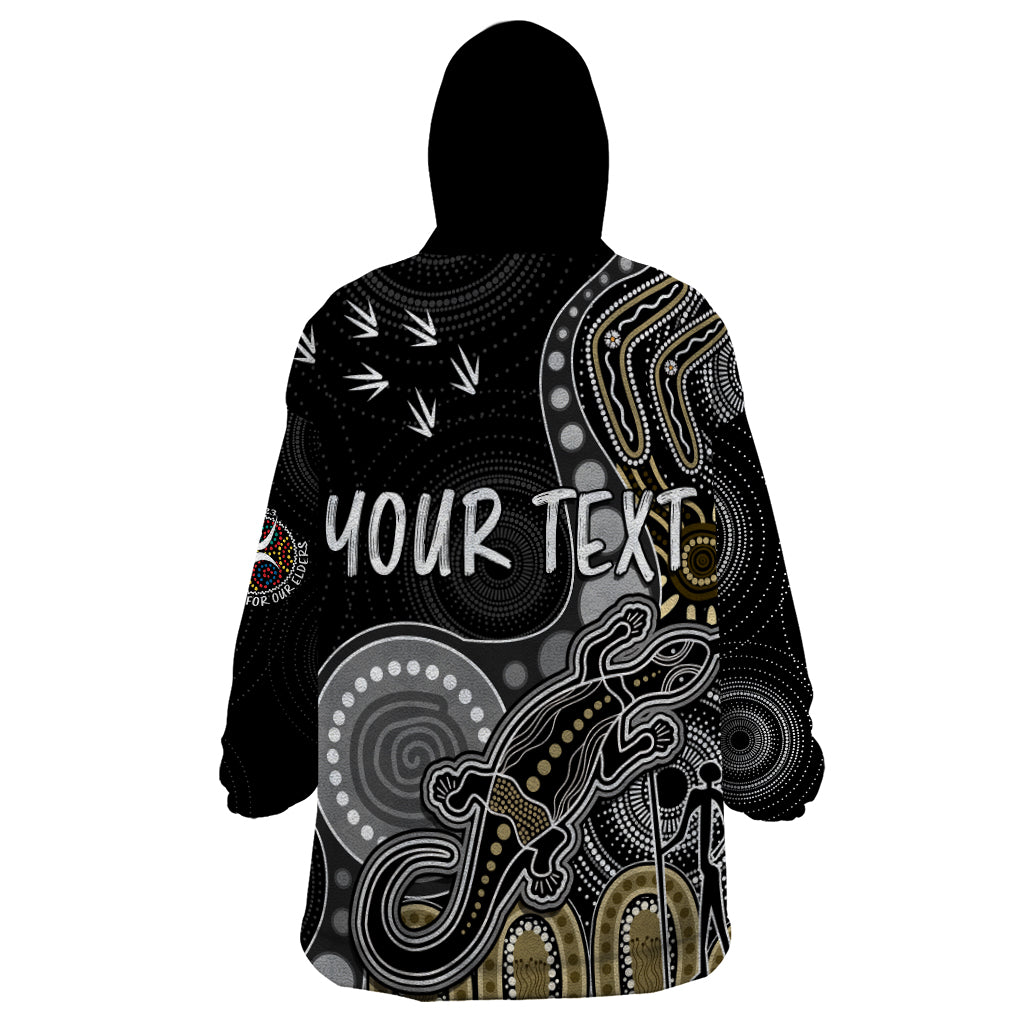 personalised-naidoc-week-2023-afl-magpies-wearable-blanket-hoodie-aboriginal-dot-art-lizard-mix-boomerang