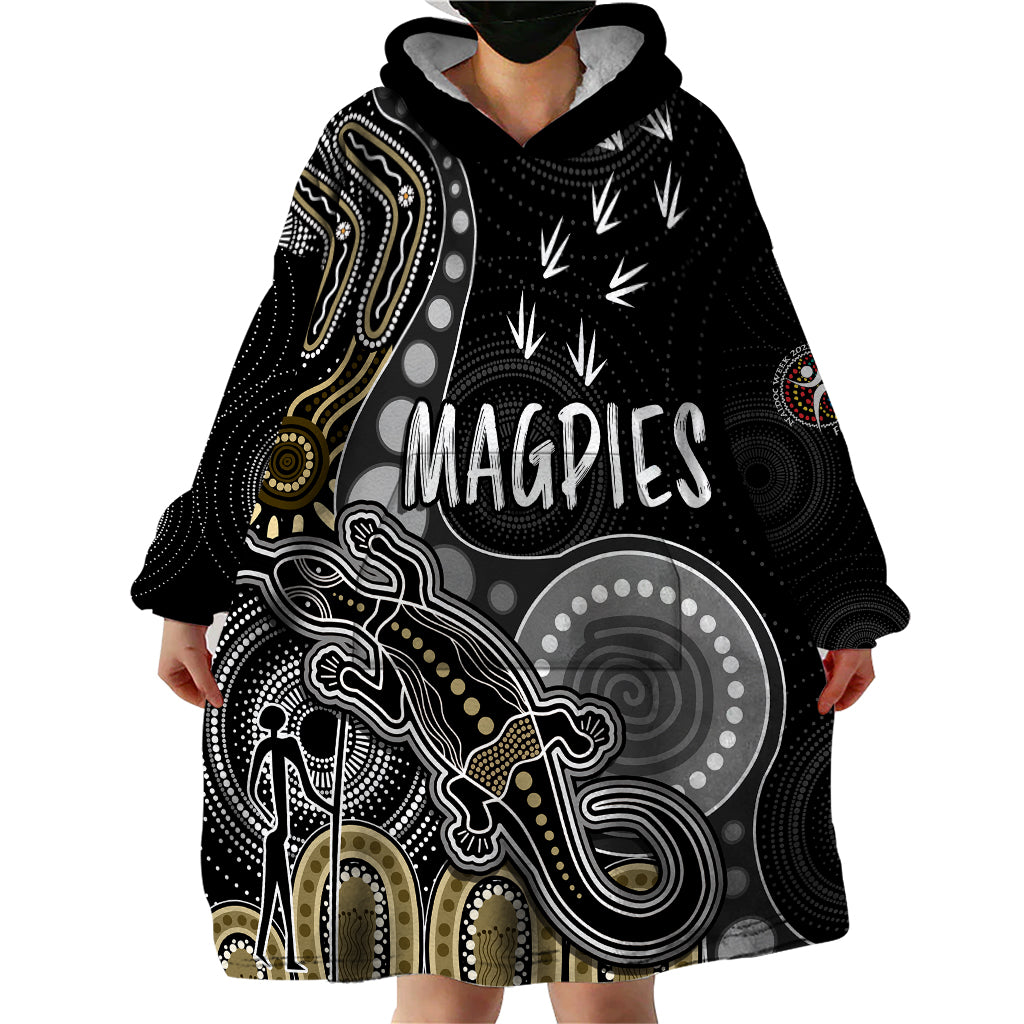 personalised-naidoc-week-2023-afl-magpies-wearable-blanket-hoodie-aboriginal-dot-art-lizard-mix-boomerang