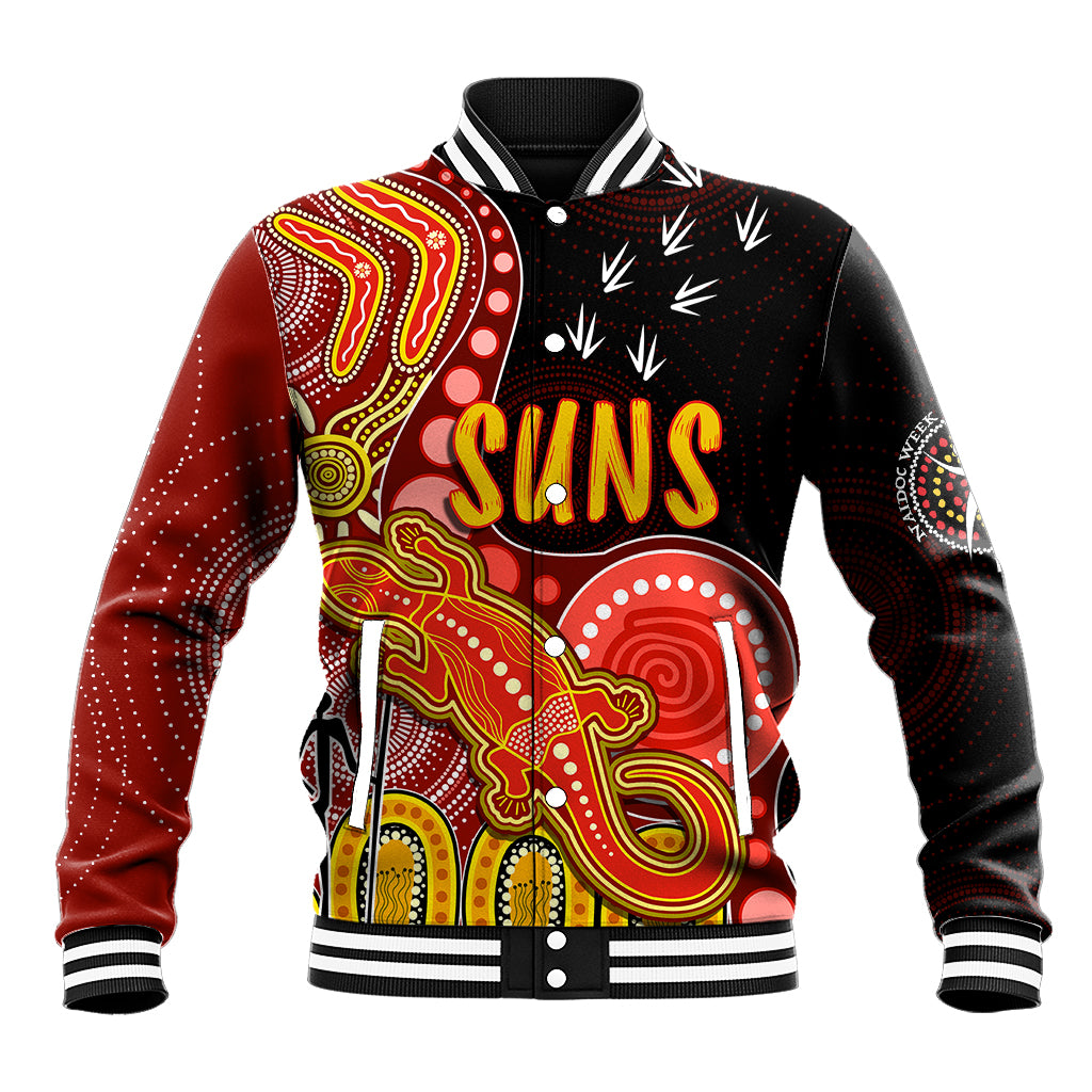 personalised-naidoc-week-2023-afl-suns-baseball-jacket-aboriginal-dot-art-lizard-mix-boomerang
