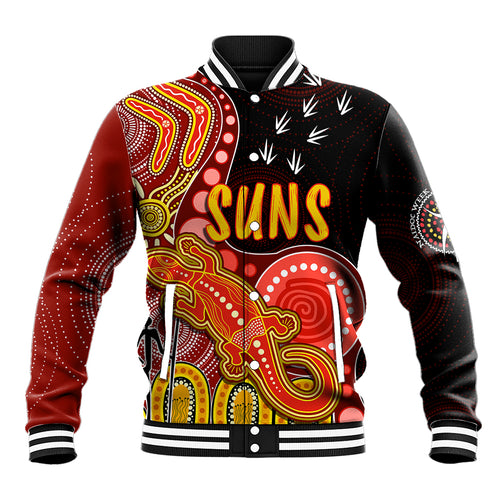 personalised-naidoc-week-2023-afl-suns-baseball-jacket-aboriginal-dot-art-lizard-mix-boomerang