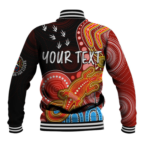 personalised-naidoc-week-2023-afl-suns-baseball-jacket-aboriginal-dot-art-lizard-mix-boomerang