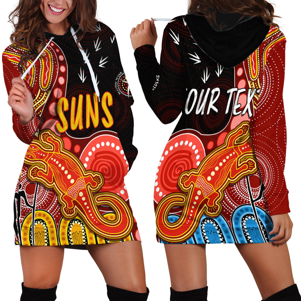personalised-naidoc-week-2023-afl-suns-hoodie-dress-aboriginal-dot-art-lizard-mix-boomerang