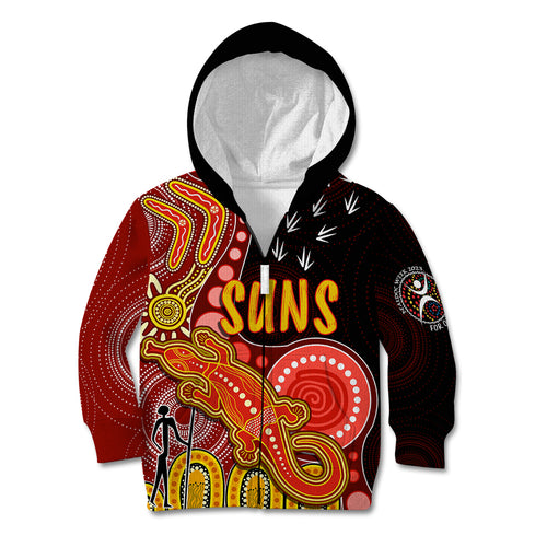 personalised-naidoc-week-2023-afl-suns-kid-hoodie-aboriginal-dot-art-lizard-mix-boomerang